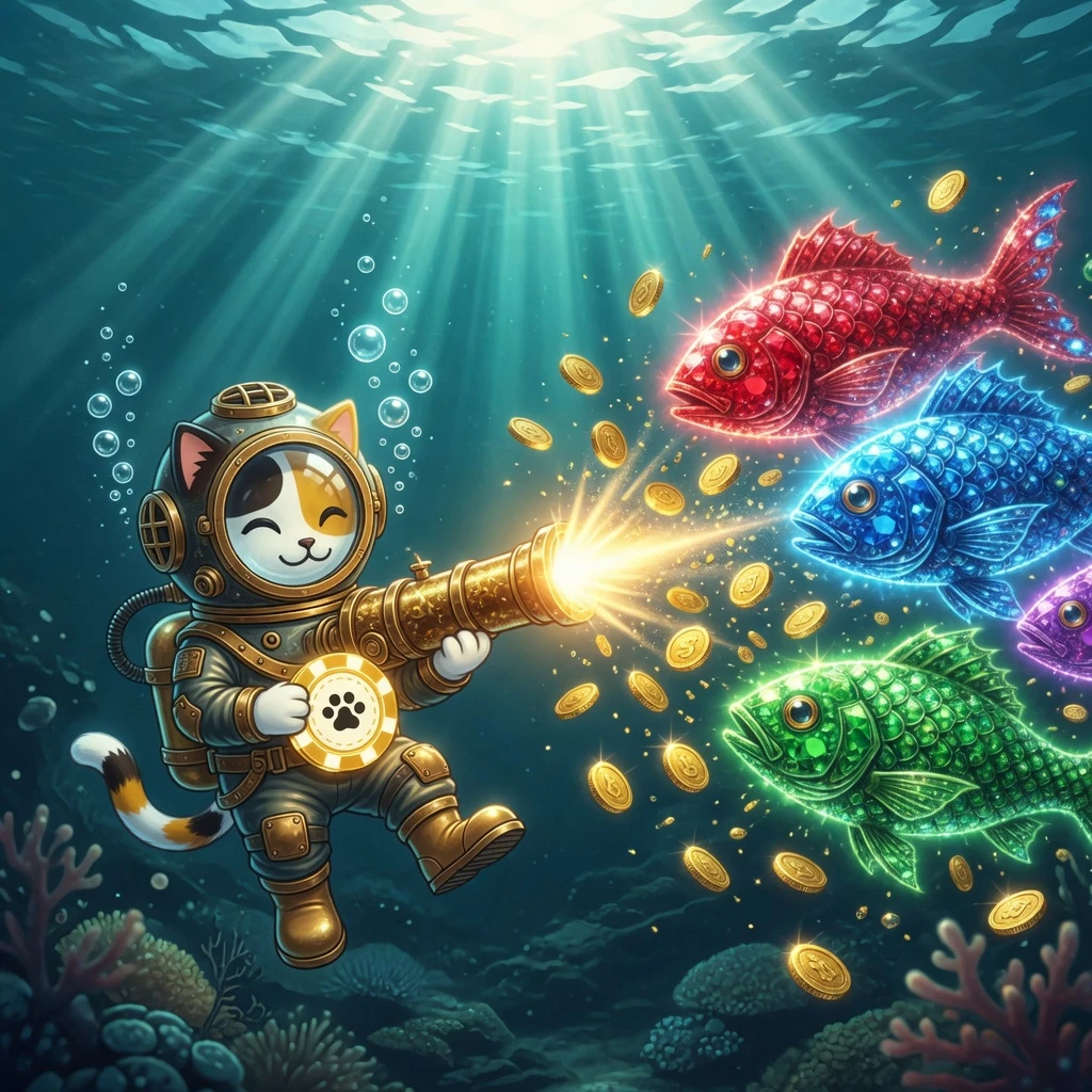 Fa Chai fishing game underwater scene — colorful fish, cannon, multiplier bubbles, vibrant coral background