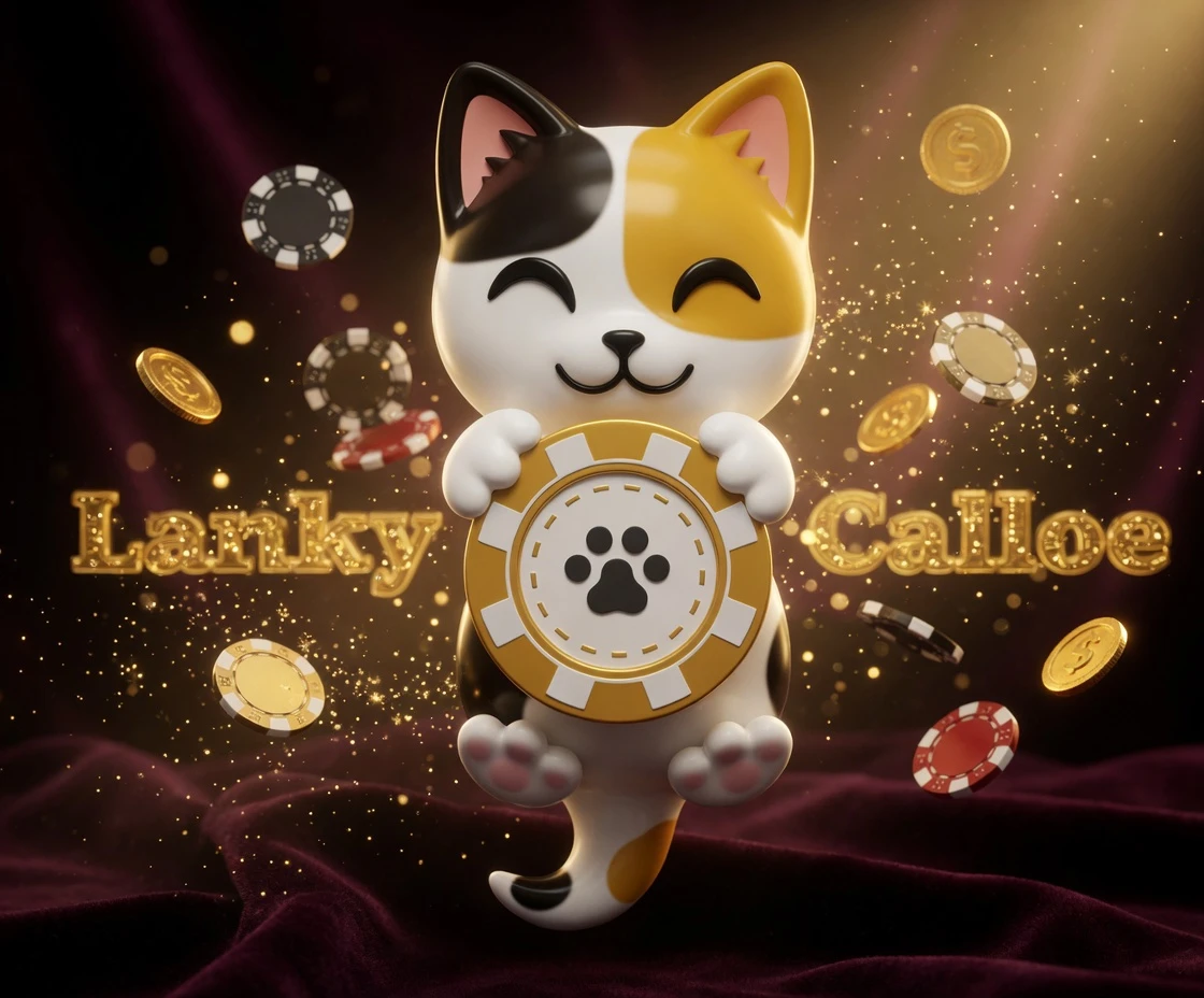 Waterfall of gold coins and reward gift boxes, LuckyCalico mascot eagle holding a large gift bag, dark blue background with gold light effects and sparkling particles