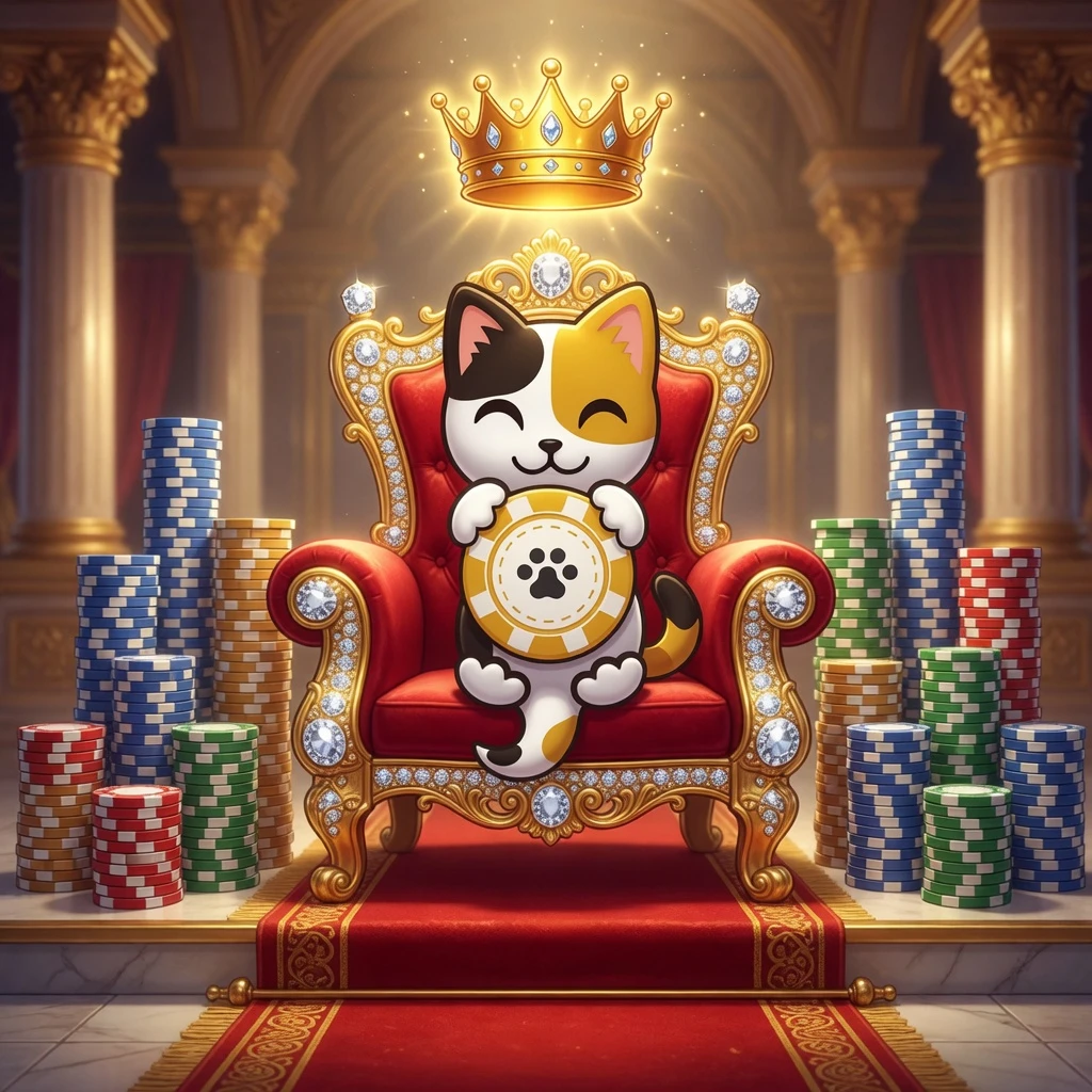 LuckyCalico mascot eagle pointing upward to a Register button, dark blue background with gold halo and sparkling stars indicating action