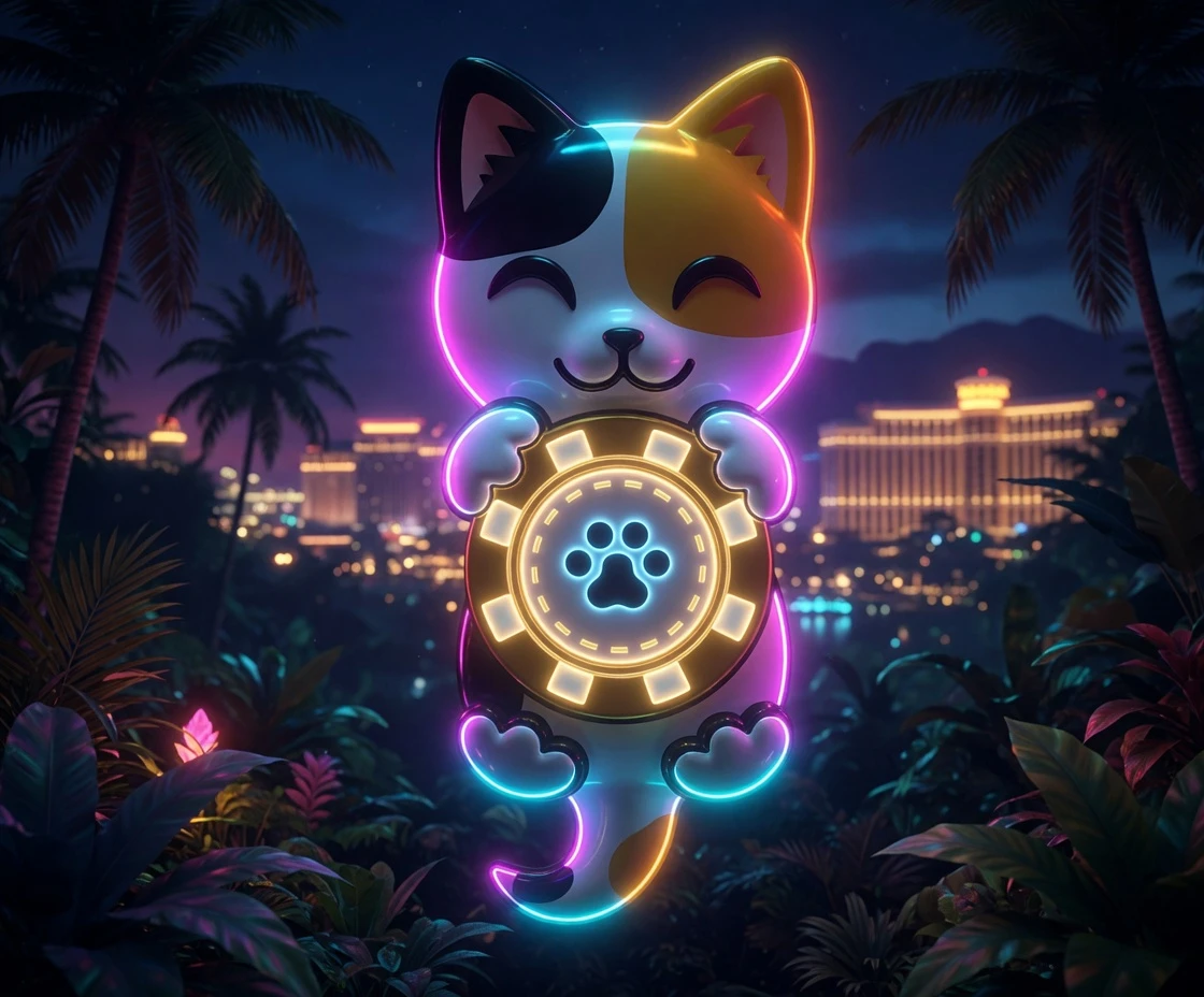 Mobile app interfaces on Android and iPhone devices, dark blue gradient background, screens lit with LuckyCalico app interface, mascot between them
